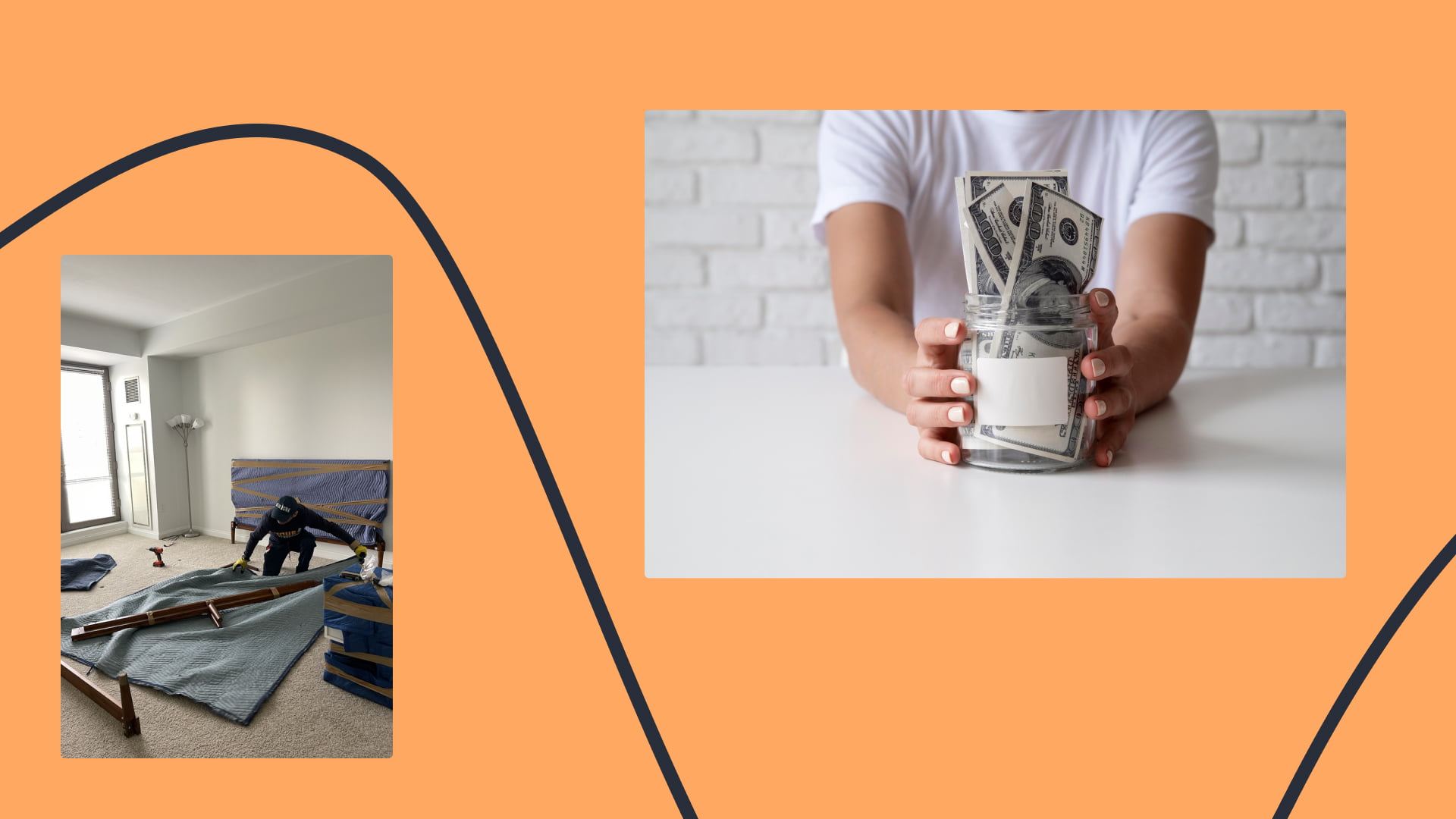 Collage. Mover wrapping furniture in an empty room. Person holding a jar filled with money 