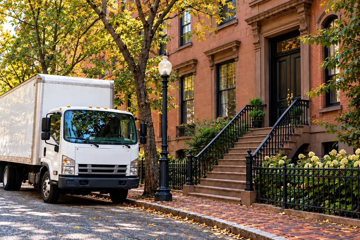 Box truck parked on a brick Boston street next to a brownstone with a stoop and iron railings