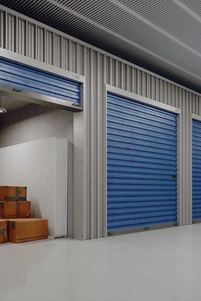 Boxes and furniture in a storage unit