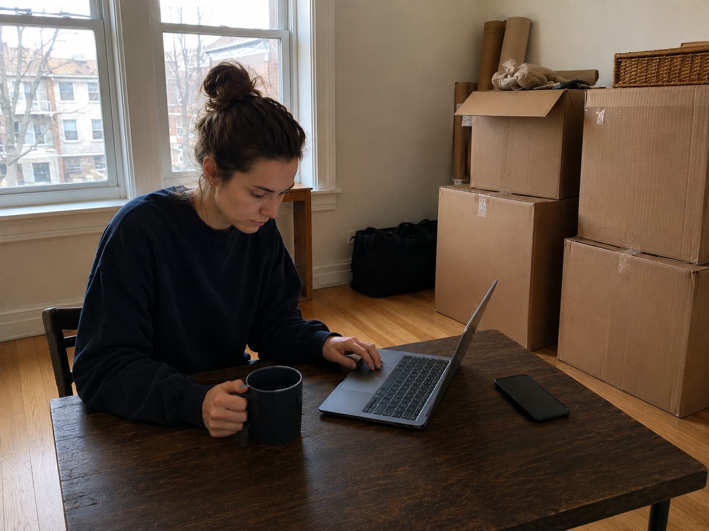 Person reviewing utility transfer notes near packed boxes, router, power strip, phone, and moving labels.