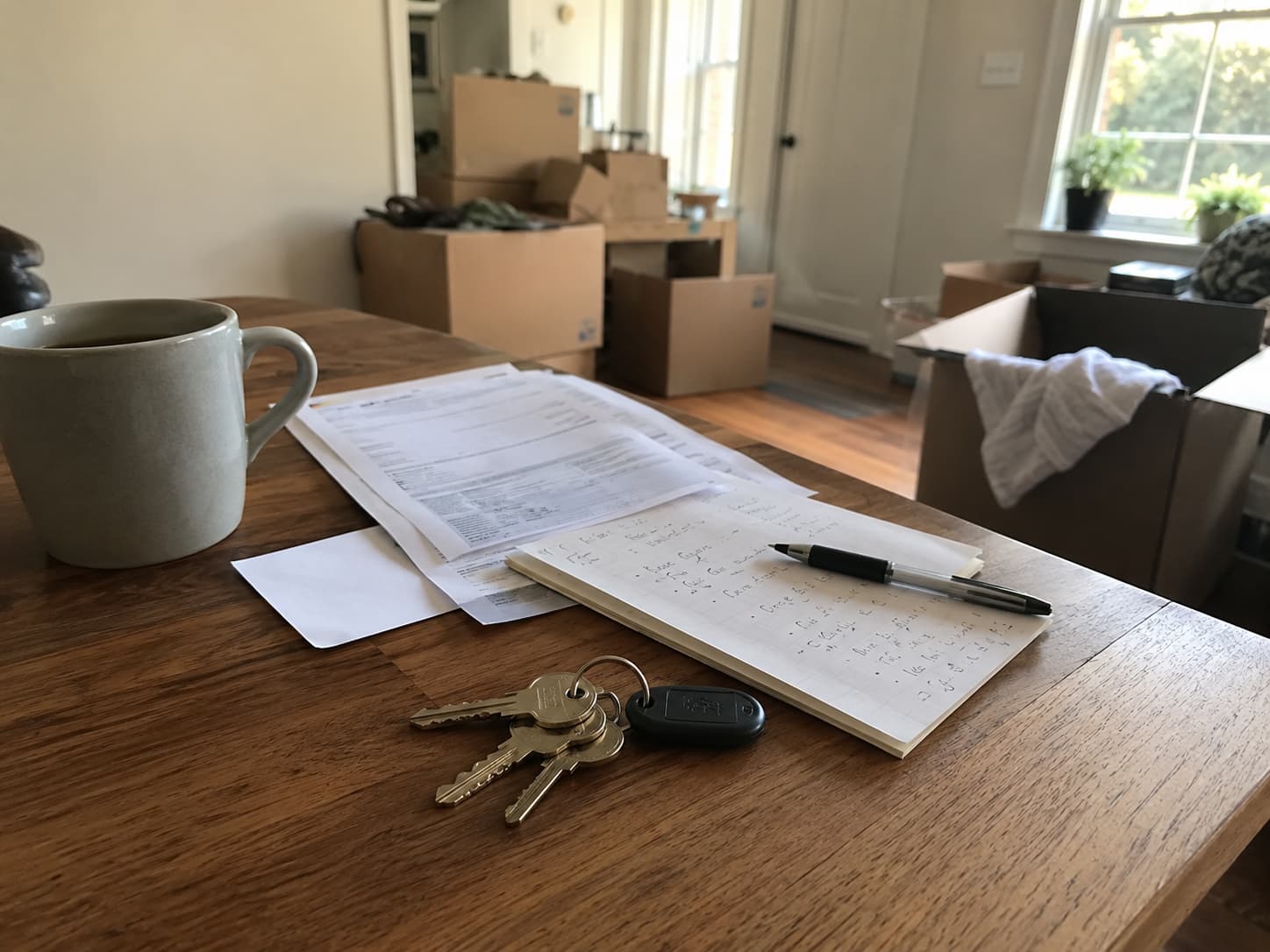 Realistic photo made on iPhone, white moving truck parked along a busy Boston street with brick apartment buildings, traffic cones near the curb, movers unloading boxes, cars parked tightly nearby, overcast daylight, candid documentary look, no visible logos, no license plates