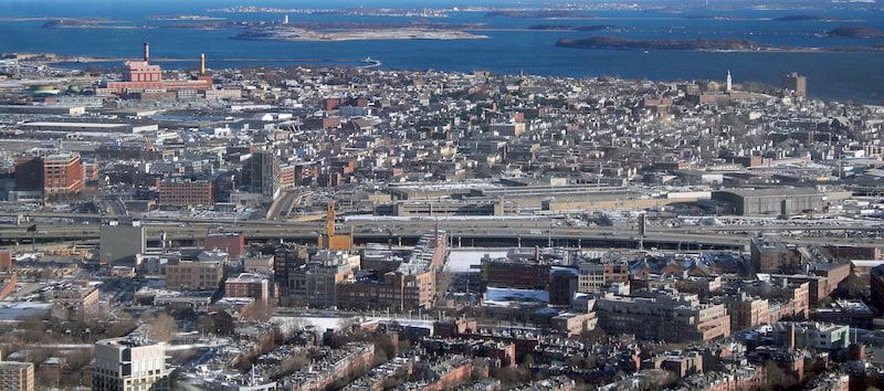 South Boston neighborhood and Boston Harbor from above
